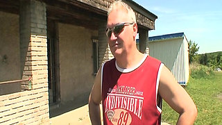 Old grandpa fucks cute teen with big tits outdoors