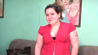 Nice amateur PLUMPER lady with chocolate-colored hair takes her clothes off for the camera