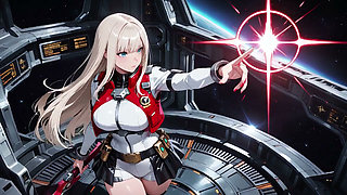 Private moments inside the futuristic spaceship where her white uniform is stretched to perfection.