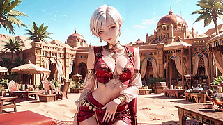 Desert Fantasy! Silver-haired Saintess's Private Dance in the Red-Gold Palace, light ribbons wrapping around her.
