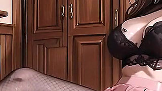 Brunette Maid in Pink Shiny Mini Dress Black Lace Lingerie Fishnet Stockings High Heels