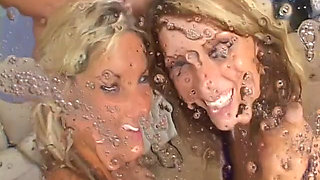 Two sluts enjoy group fucking with too much cum swapping