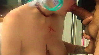 Masked pregnant wife with huge tits gives head and gets blasted with cum in her mouth