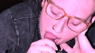 Nerd with glasses uses mouth and toes to please cock