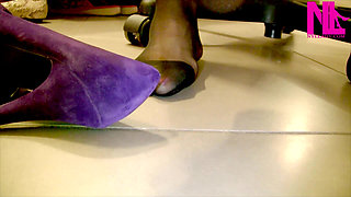 Shoeplay in Violet Soft Pumps and Black Butterflied Pantyhose