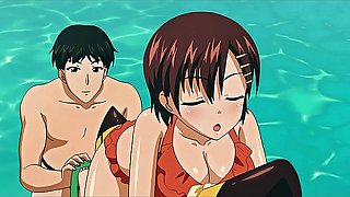 Blonde twin-tails green striped bikini on beach mat