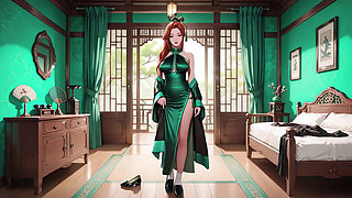 Red Hair & Emerald Qipao! Lazy Seduction in the Eastern Courtyard.