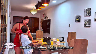 Stepson Cum on his Stepmother's Huge Tits during a Family Breakfast - Savannah Watson