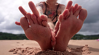 Worship My Feet on Public Beach and Get My Permission to Cum