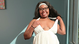 Chubby Ebony Girl in Glasses Plays with Vibrator and Fingers Her Asshole