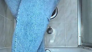 Desperate for Wee in the Bathroom Pissing in My Blue Jeans