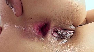 First anal. slim girl. latina. big gape. cum in the mouth.