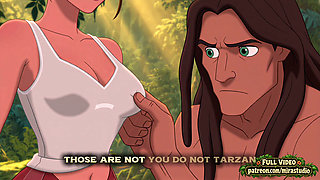 Jane and Tarzan first contact as he explores a woman's naked body