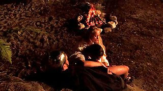 Miniature teen gets a giant load from a horny threesome outdoors