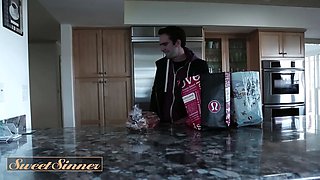 Tasty sinner - splendid brunette milf stretches her feet to get her Hairy Pussy slurped in bed