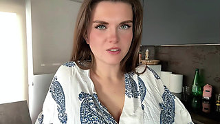 Busty Step Mother Seduces Step Son in the Kitchen, Shows Him Milky Tits and Masturbates Big Cock