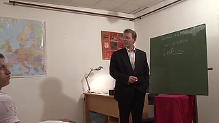 Amateur french redhead student hard banged and sodomized by the teacher and a classmate