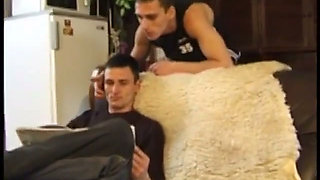 Two hard body hunks fuck hard on the kitchen sofa