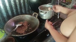 Stripping mother-in-law who is cooking