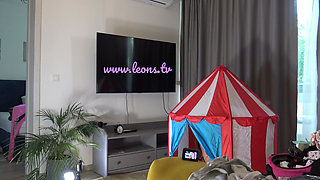 Hot brunette tight pussy petite babe has a circus tent in the middle of the house to play with dicks in it