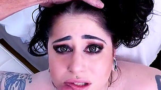Petite big tits tattooed brunette Ophelia Rain POV deepthroat blowjob cum swallow