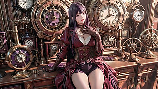 Purple Hairs in a Steam Fantasy! Surrounded by giant gears, she kneels lazily.