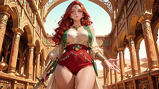Lazy Seduction in the Desert Palace, Green and Red Tight Bodysuit Hugging Her Curves.