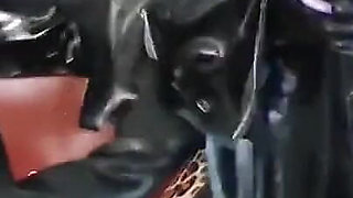 Latex Rubber Petting- Curvy MILF and Her Submissive Guy - Polishing Oiling and Petting in the Plane