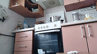 Hot Wife Prepares Naked Food in the Kitchen. Amateur Wife with Hairy Pussy, Big Tits, Big Ass.