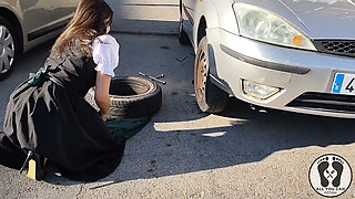 Dirndl Slut Gets Dirty and Oily Changing Tires