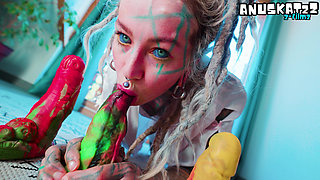 Tattooed Pornstar in Lingerie DP Herself with Crazy Dildos