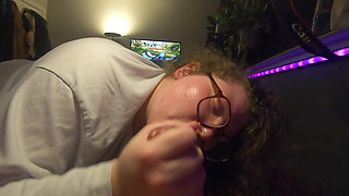 Innocent Chubby white nerd girl with glasses sucks cock and licks up the cum