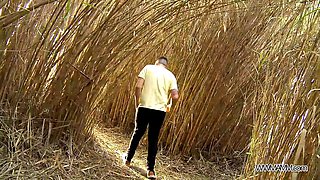 Huge facial cumshot in fields to chesty chunk of girl