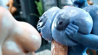 Blue Skinned Futa Gets Pounded by Massive Cock in Shower