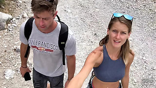 Hot blonde with big natural tits rides motorcycle then gets fucked and sucks big cock outdoors