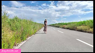 Jeny Smith masturbates her pussy on a public road during a live show