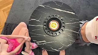 Christmas Threesome Handjob Challenge: Two Petite Teens Tease Guy's Cock with Precum & Massage