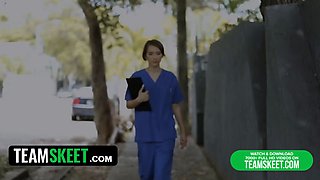 Step sis in nurse uniform Natalie Porkman takes care of step brother's fat sausage - teamskeet