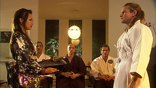 Asian beauty rides samurai's cock