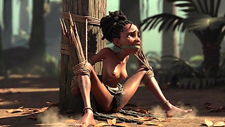African Girl Bound in Rope Bondage - Hairy Wet Pussy Craving for Cock