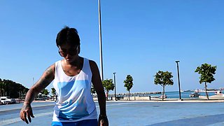 Thai skater teen relaxing on a big cock