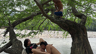 The Dwarf in the Tree Jerks off Like Crazy Until He Cums Watching the Sexy Couple Fuck on the Riverbank in the Open Air
