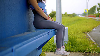 144 Goddess Anya in Tight Spandex: Provocative Leggings Tease at Bus Stop