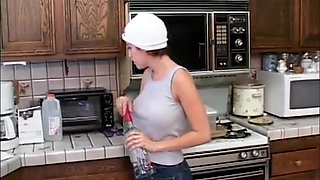 Sexy blonde and big boobs red hair lesbians dildo sucking pussy dildo penetrated in the kitchen