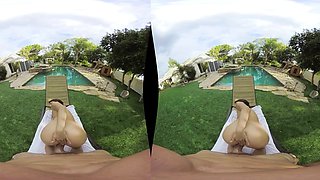 Amazing busty brunette slut doing blowjob outdoor