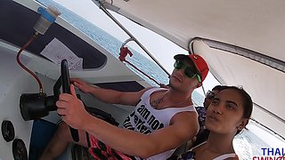 Asian cutie in a skimpy bikini gets her first POV blowjob on a boat