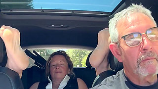 Wife Rubs Out Multiple Orgasms, Road Trip, Back Seat, Teasing Her Man