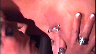 Tattooed lesbian gets her kick outside on a car - pierced MILF'S