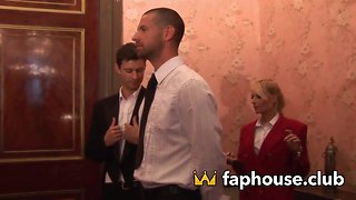 Large-breasted blondie mega-whore gets dual smashed in a