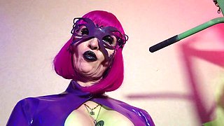 Fetish Rubber Dominatrix Eva Latex In Purple Dress Mask Big Ass MILF Toys BDSM Femdom Solo Hot
